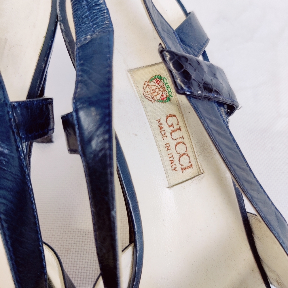 Gucci Blue Snakeskin Slingback Heels Size 37 Vintage 70s–80s Sandals Made Italy - Picture 7 of 15
